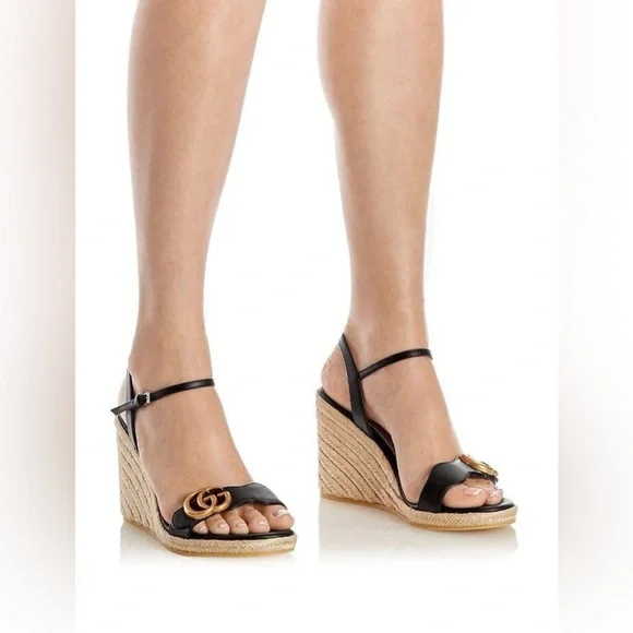 Gucci Galassia Aitana Lifford Black Leather Wedge Double G Logo Sandals EU 35 - Picture 12 of 14